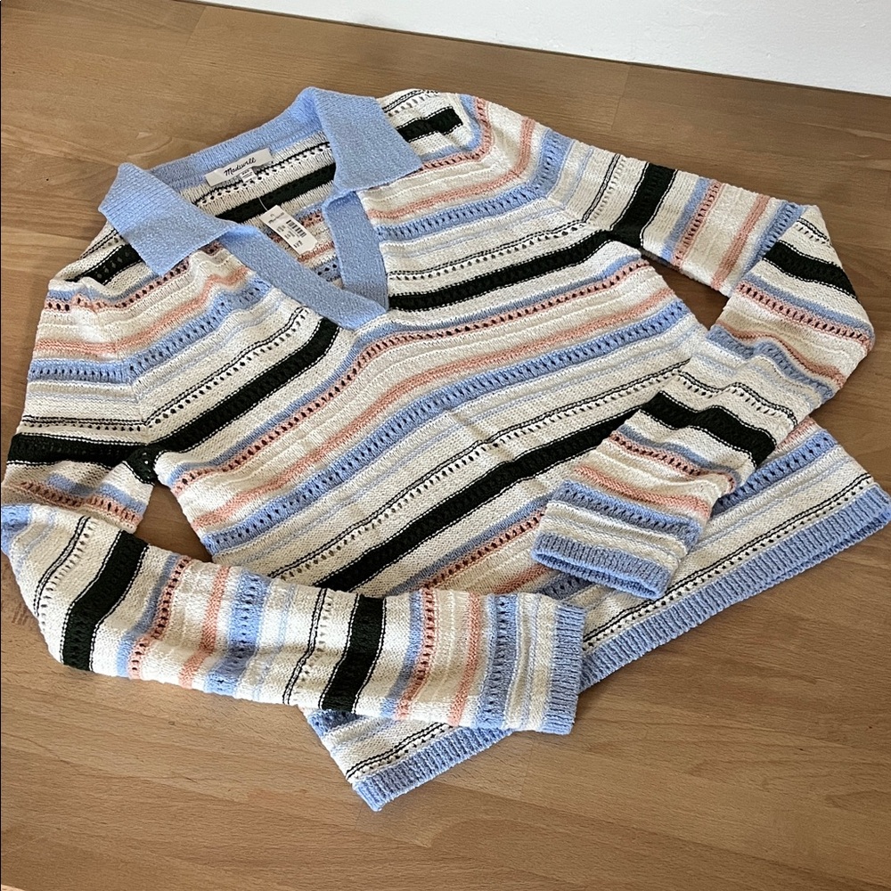 Madewell V-Neck Sweater in Blue, Black, and Cream Stripes